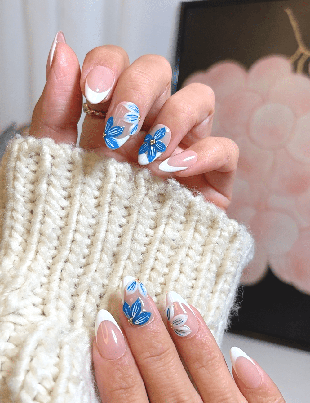 Hand-Painted Blue Petals – Short Almond