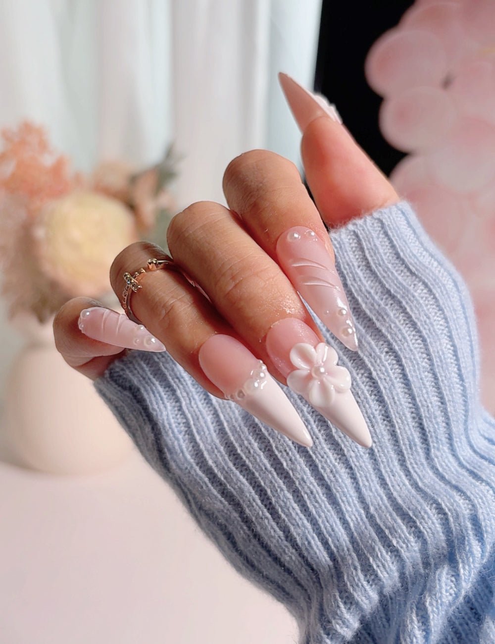Stiletto Nude Pink Press-On Nails – White French Tip 3D Floral Elegant Nails