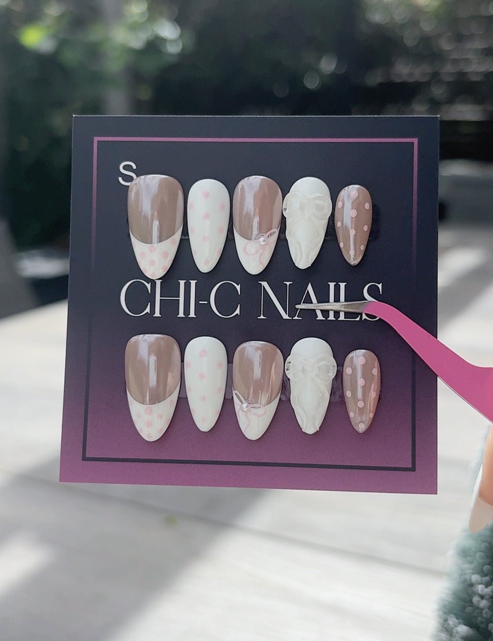 White Bow & Pink Dot Almond Press-On Nails