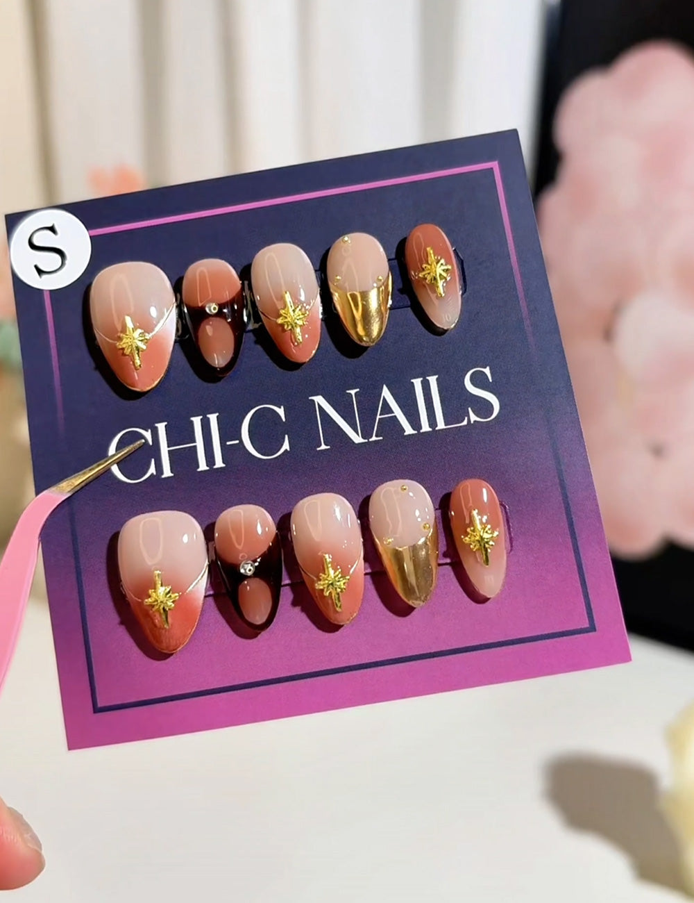 Golden Ember Press-On Nails – Nude Brown with Gold Stars & Chrome Accents (10-Piece)