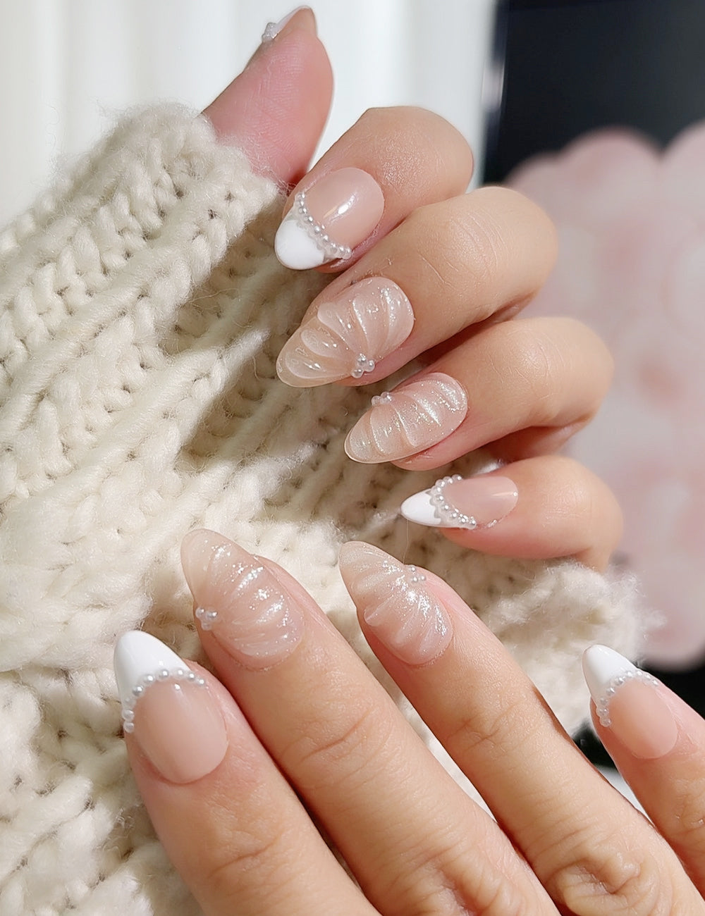 Pearl Sculpt Press-On Nails – Nude French with 3D Shell & Pearl Chains