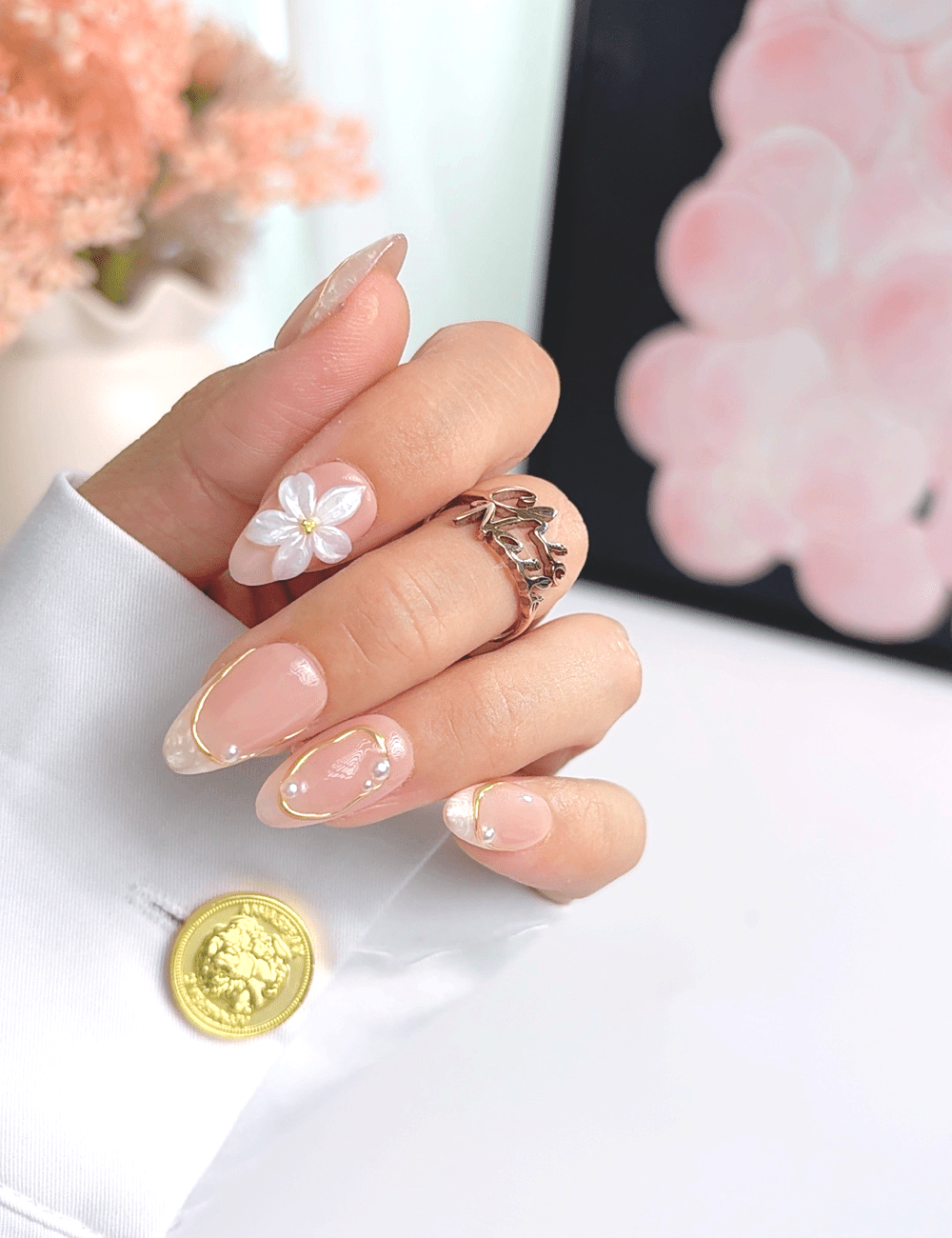 Gold Floral French Press On Nails | Nude Short Almond Nails | Elegant Pearl Gold Design | Handmade Press On Nails