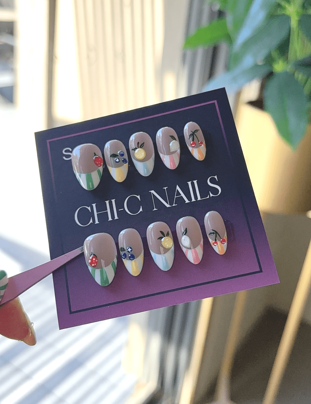 Candy Fruit Stripe Press-On Nails – 3D Fruit & Colorful Pastel Design