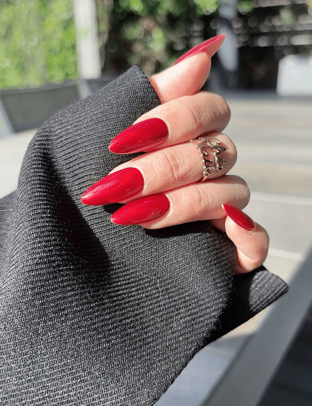 Deep Ruby Red Press-On Nails – Medium Almond Glossy Finish