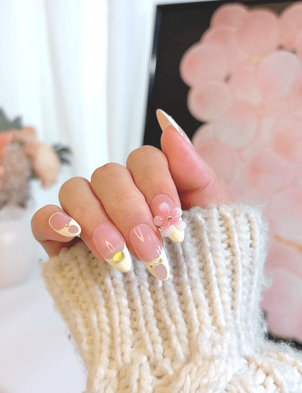 3D Flower French Press-On Nails – Medium Almond | Elegant Pink & White Design