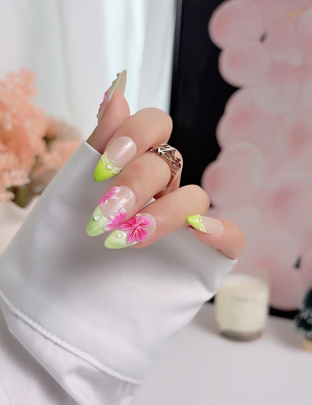 Green French Press On Nails with Glue, Medium Almond, Pink Floral 3D Flower Nails, Handmade Spring Nails