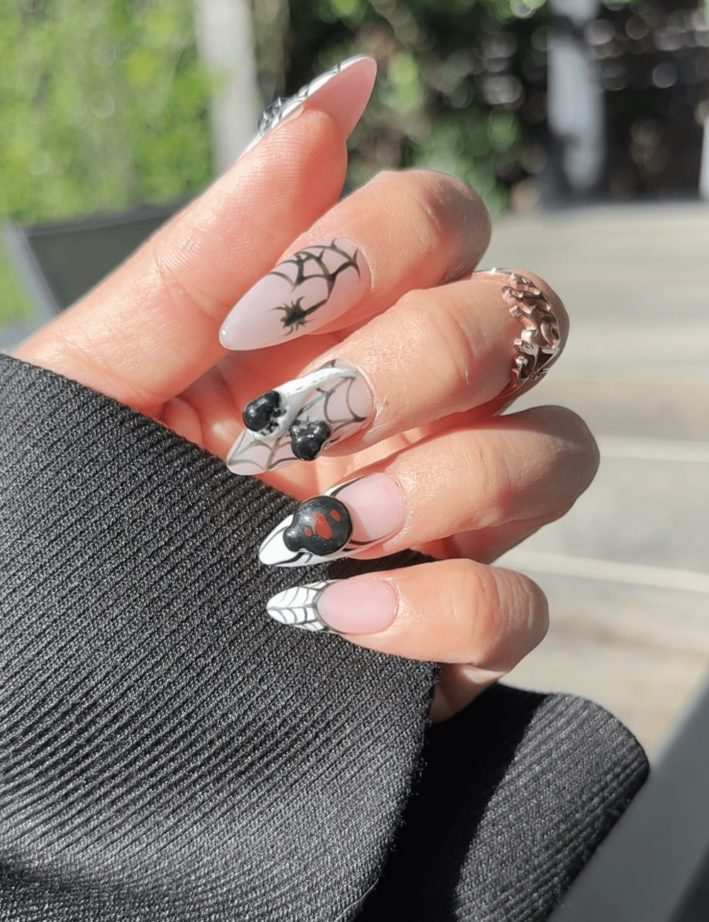 Halloween Spider Web Press-On Nails – Medium Almond with 3D Spiders & Blood Drip
