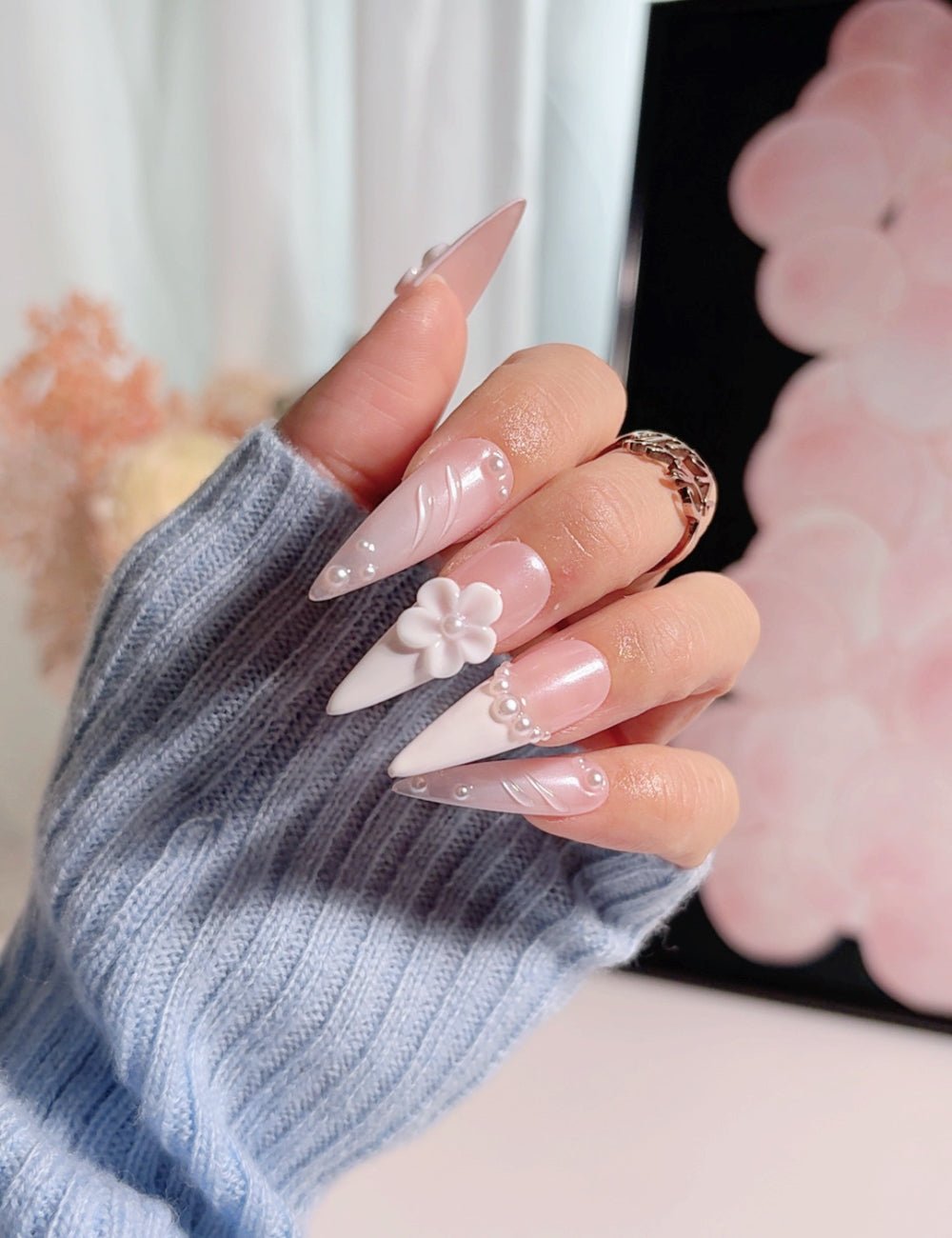 Stiletto Nude Pink Press-On Nails – White French Tip 3D Floral Elegant Nails