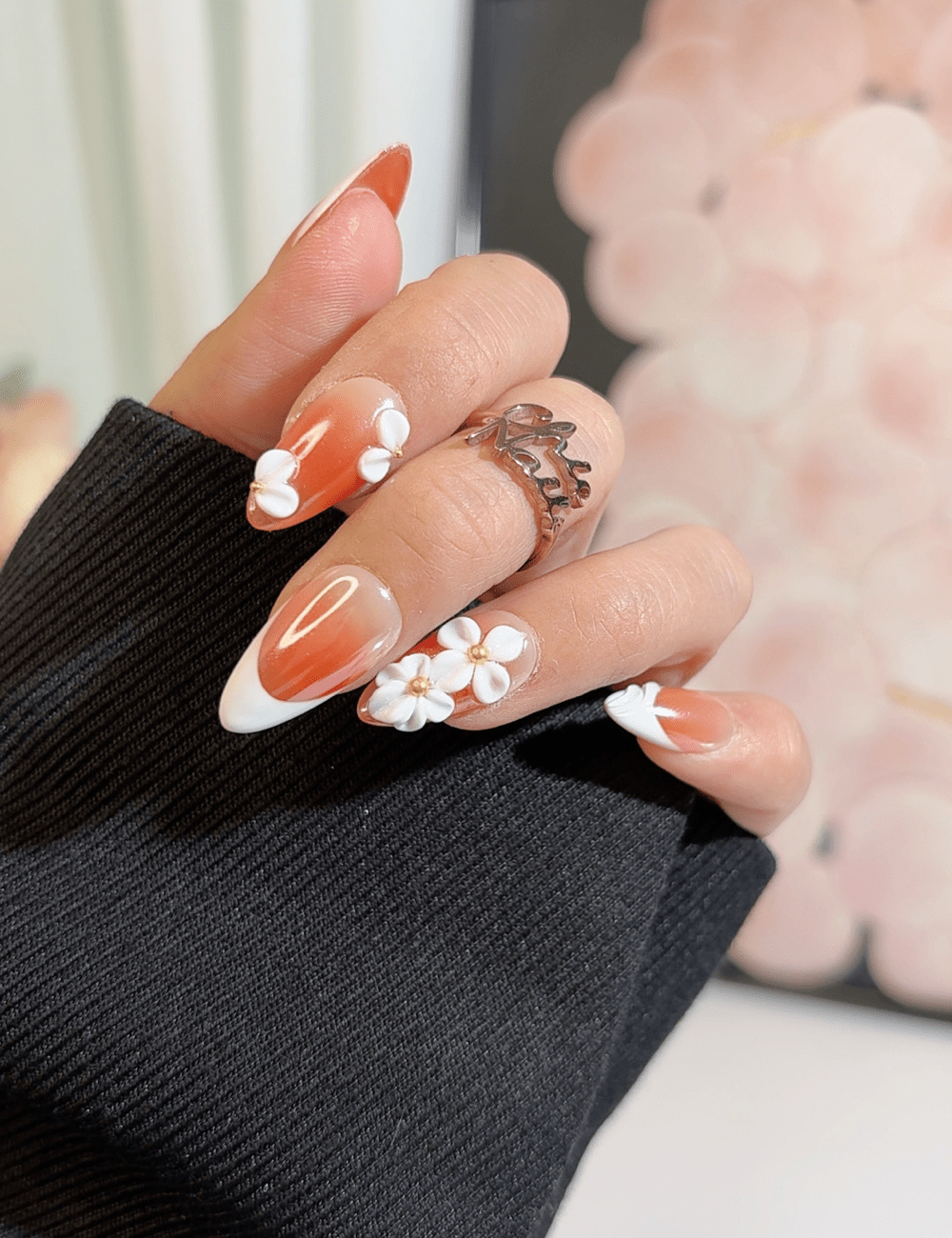 Rusty Brown 3D Floral French Press-On Nails – Autumn Elegance | CHICNAILS