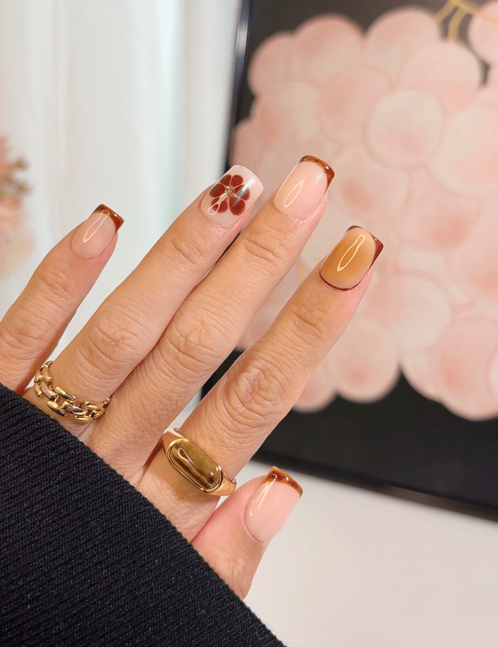 Amber French Press-On Nails with 3D Brown Flower – Middle Square Autumn Design