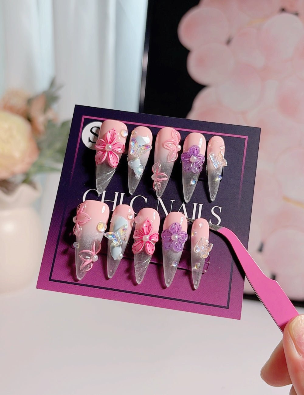 Stiletto Clear Pink Press-On Nails – 3D Flower Butterfly Rhinestone Nails