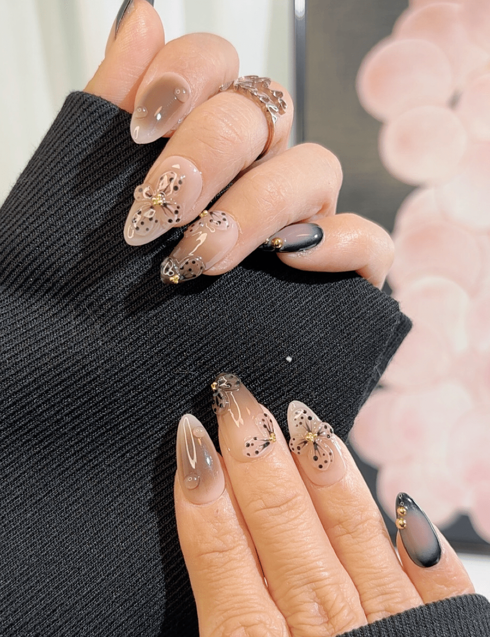 Black Butterfly Floral Ombre Press-On Nails – Medium Almond