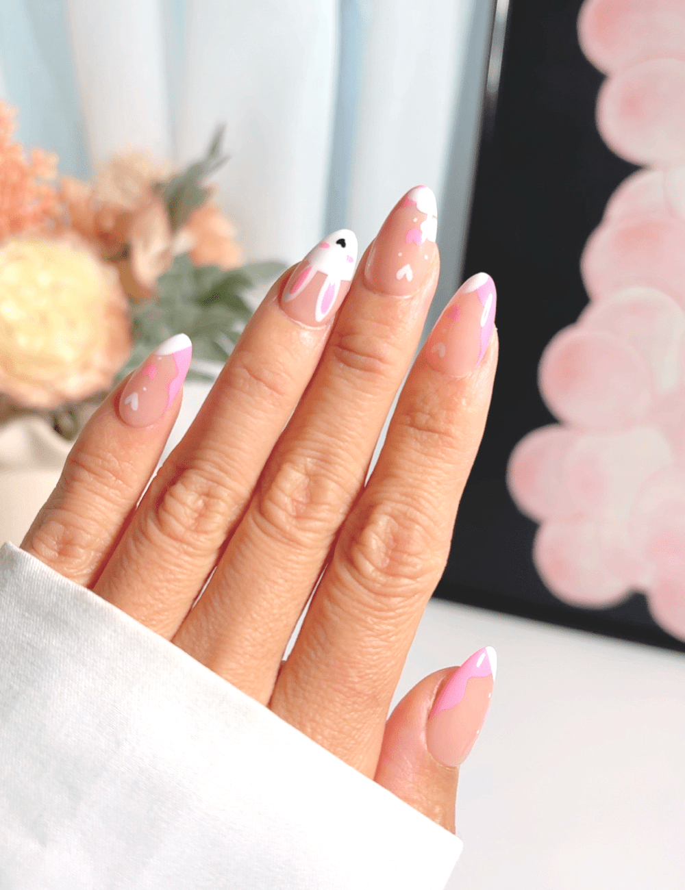 Sweet Pink Bunny & Heart Press On Nails | Kawaii Almond Edition