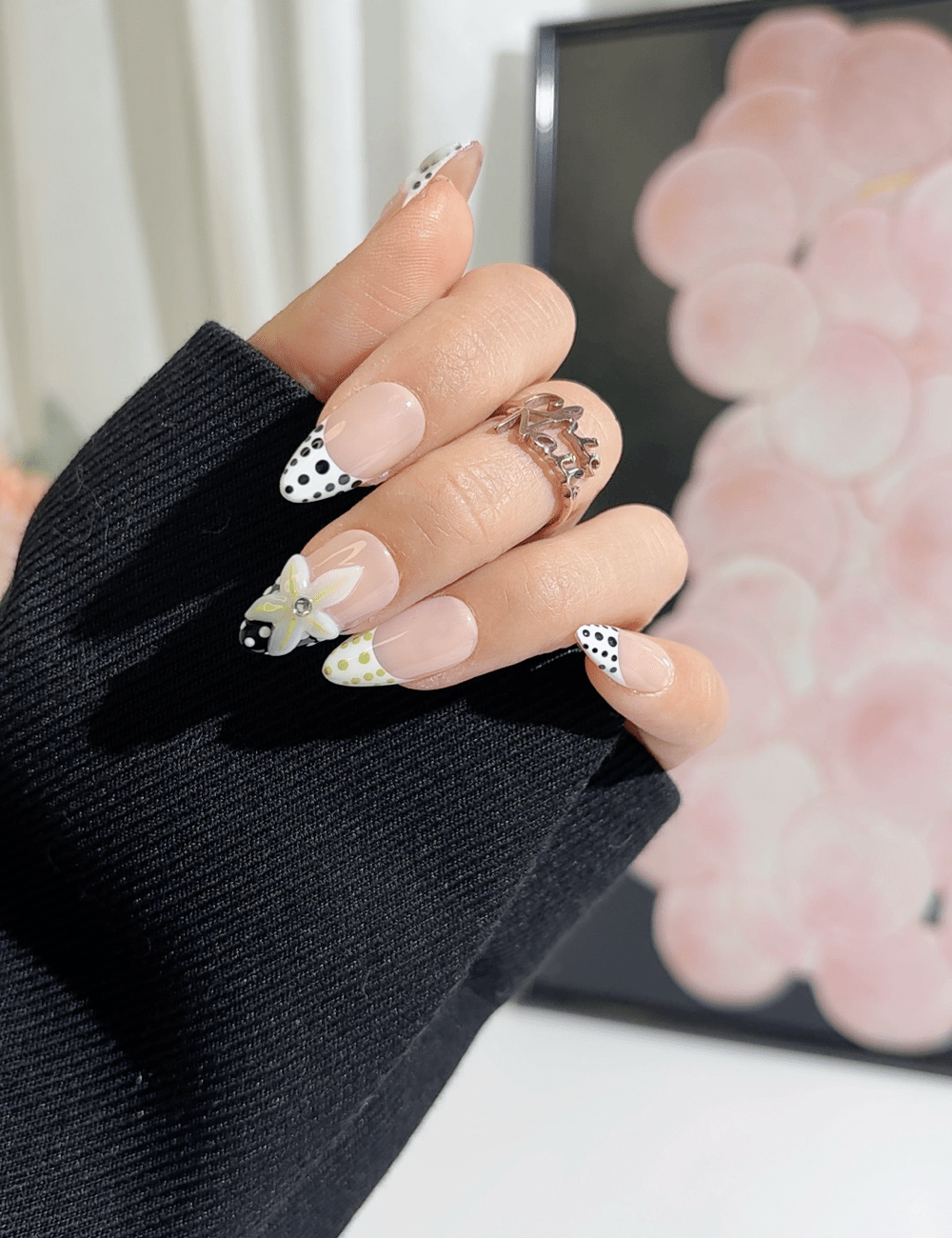Polka Dot Floral French Press-On Nails – Medium Almond