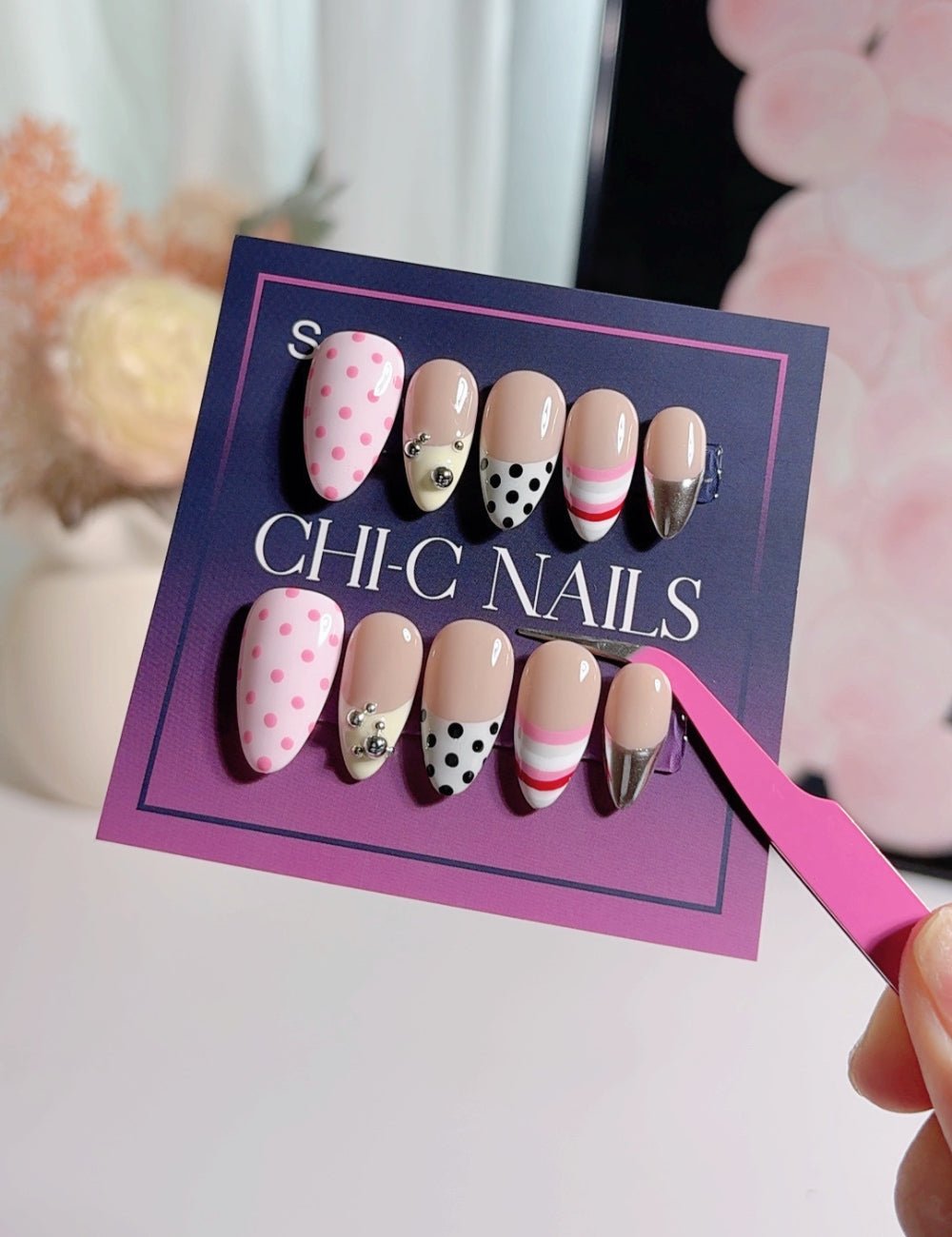 Modern Mix French Press-On Nails - Polka Dot & Chrome Silver Art - Medium Almond