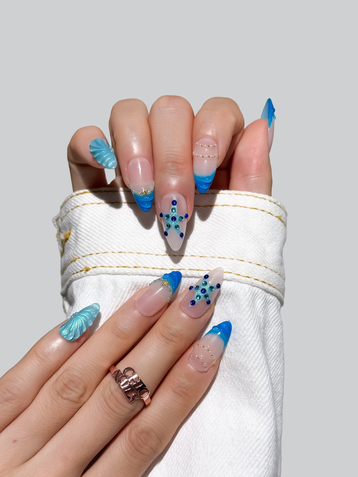 Azure Pearl Medium Almond Press On Nails