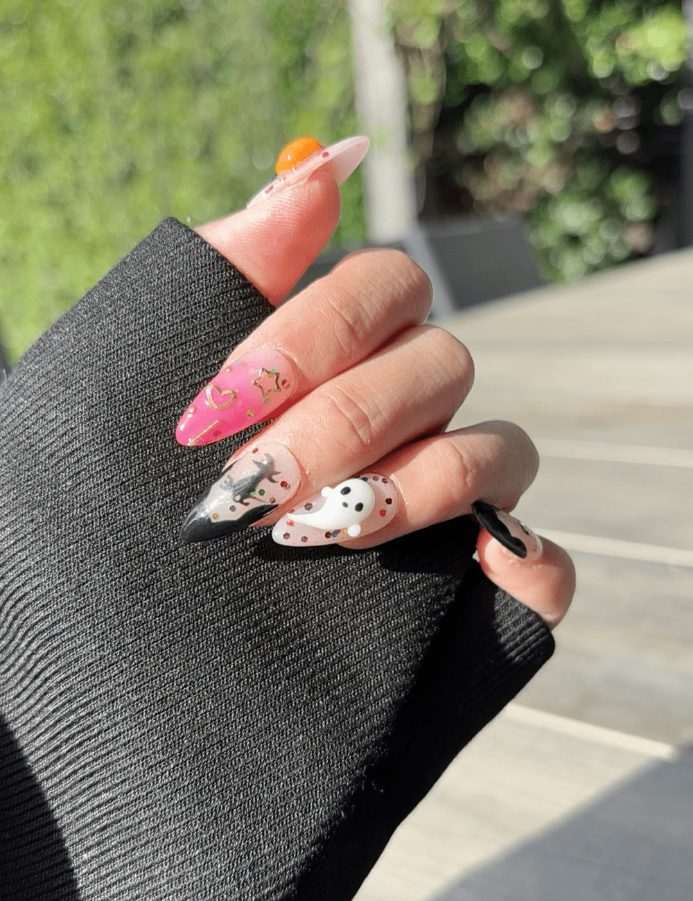 Pink & Black Halloween Press-On Nails – Medium Almond with 3D Ghost & Pumpkin Accents