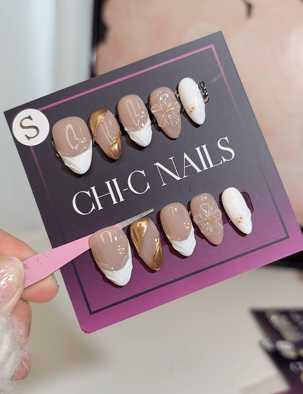 Gold Chrome & White Flower Press-On Nails