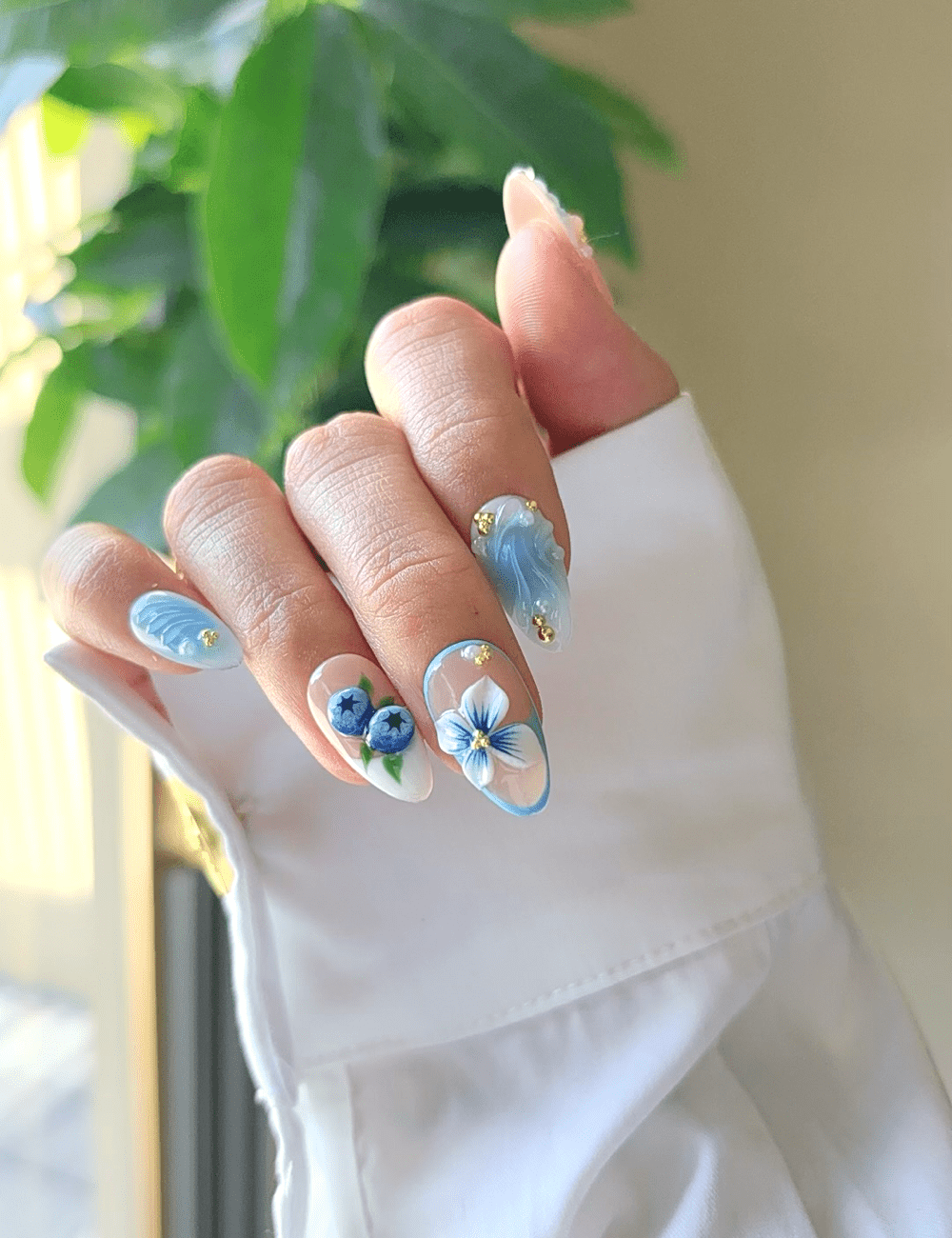 Blue Wave Blossom Press-On Nails – 3D Floral & Ocean-Inspired Design