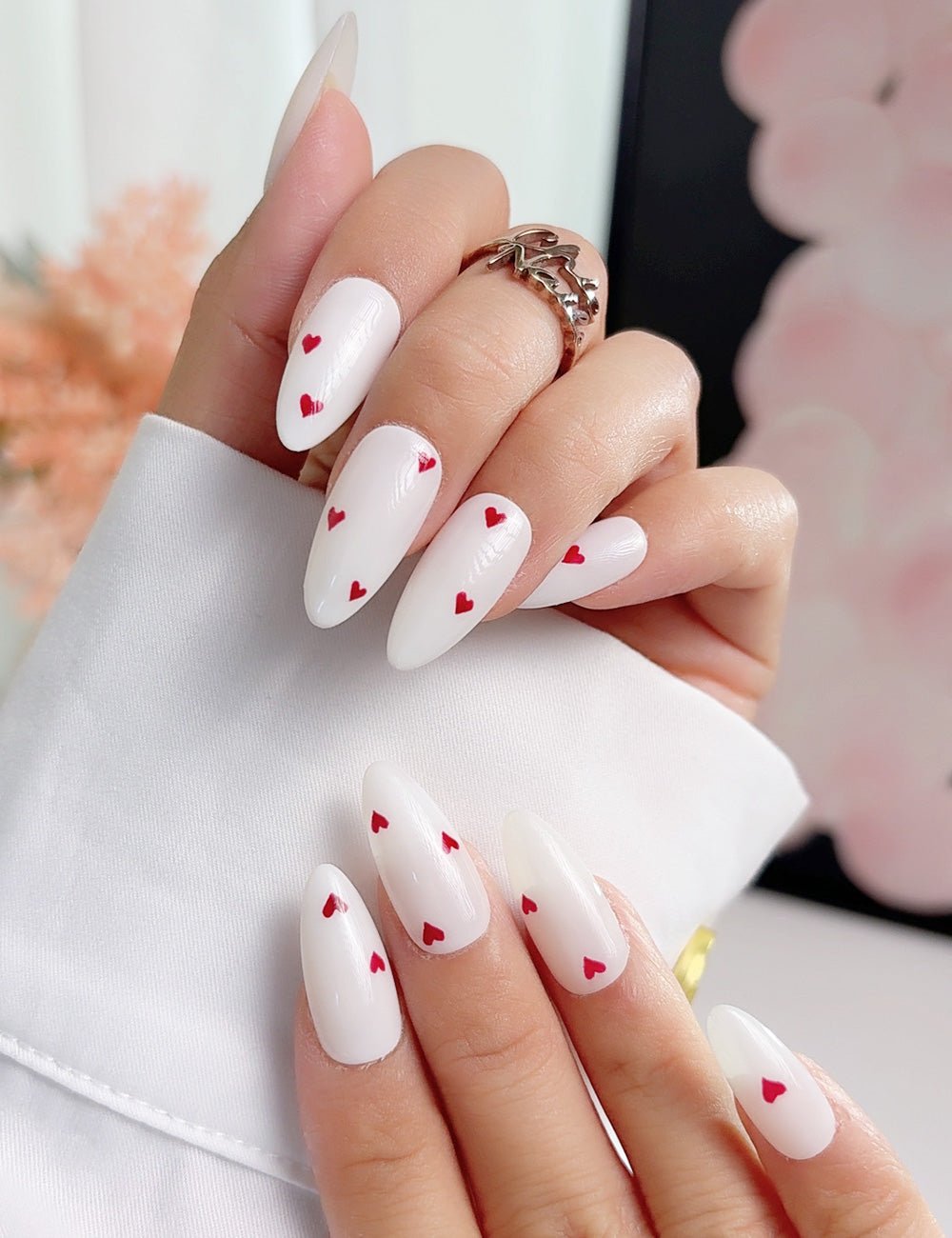 White Heart Press-On Nails | Medium Almond Valentine Handmade Set