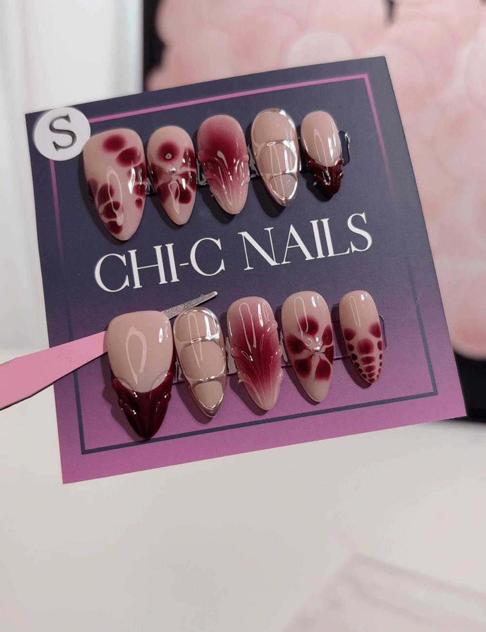 Medium Floral Art Press-On Nails – Burgundy Petal & Silver Line Design