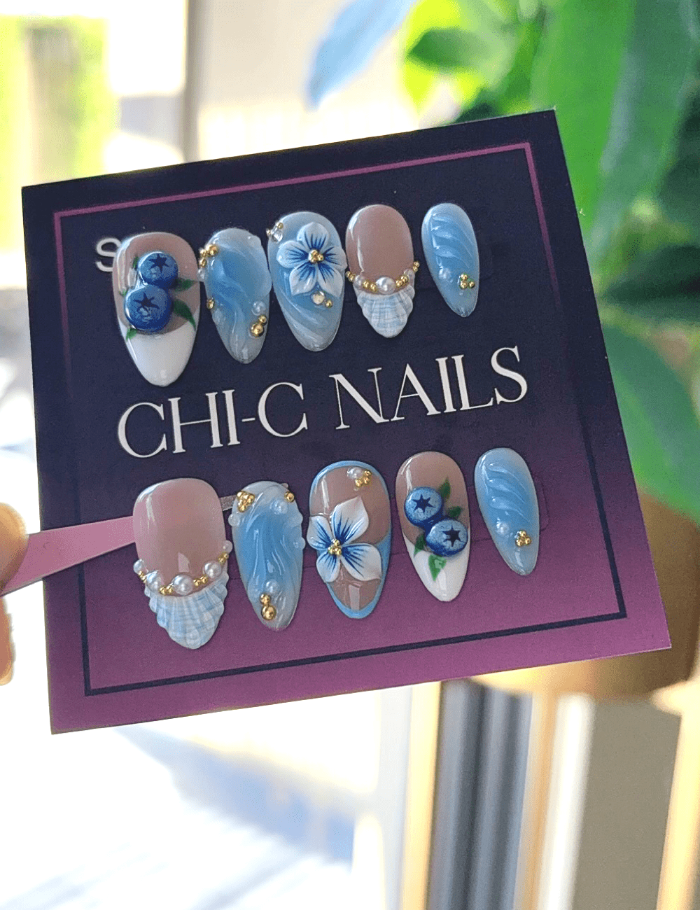 Blue Wave Blossom Press-On Nails – 3D Floral & Ocean-Inspired Design