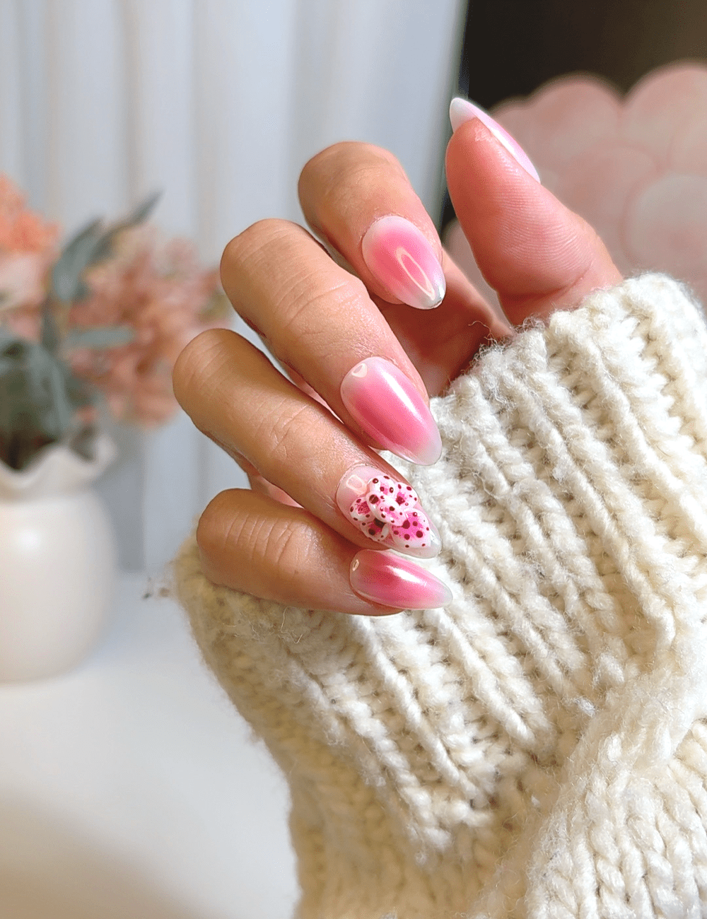 Cherry Bow & Pink Aura – Short Almond