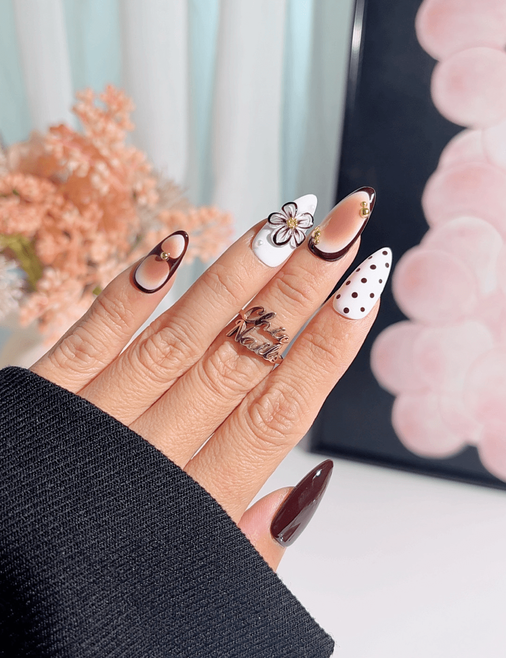 Brown Nude Floral Polka Dot Press-On Nails – Medium Almond