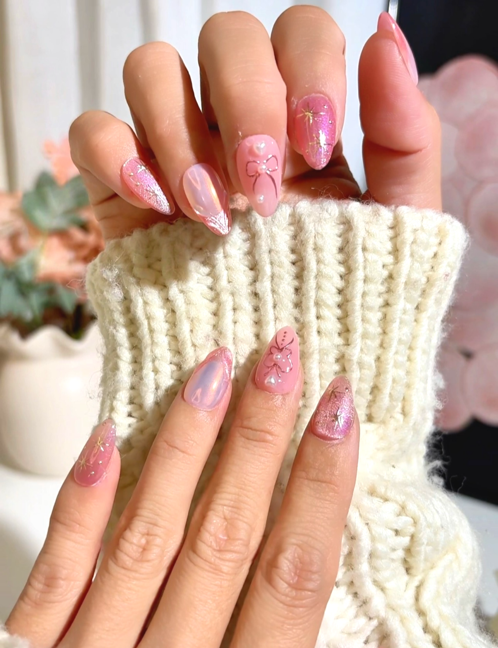 Pink Stardust Press-On Nails – Glittery Pink with Gold Stars & 3D Ribbons