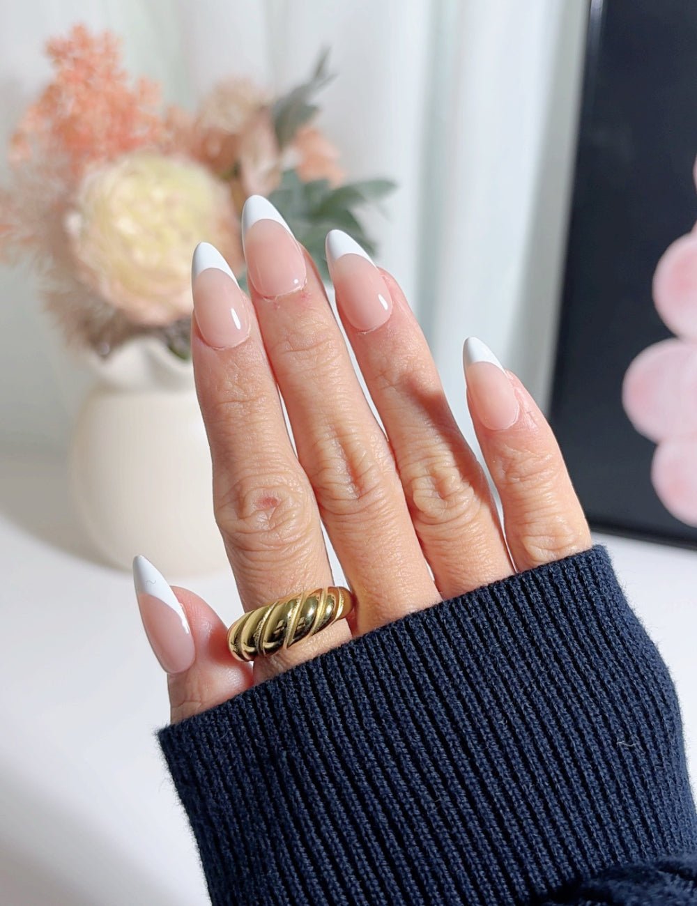 Classic White French Medium Almond Nails
