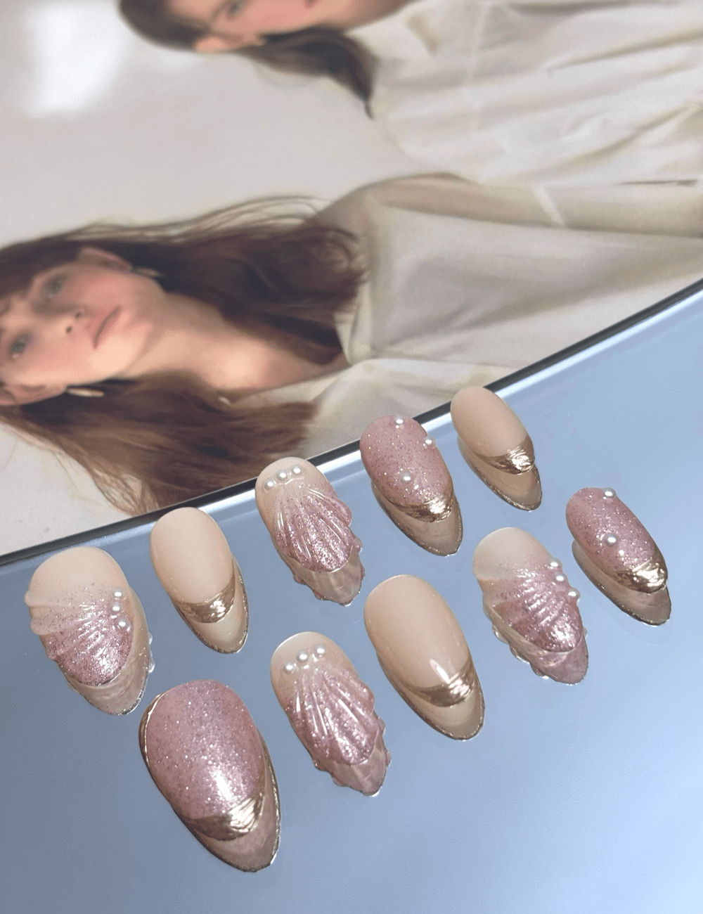 Golden Blush – 3D Pink & Gold Press-On Nails with Pearls | Fall Nail Trends 2025