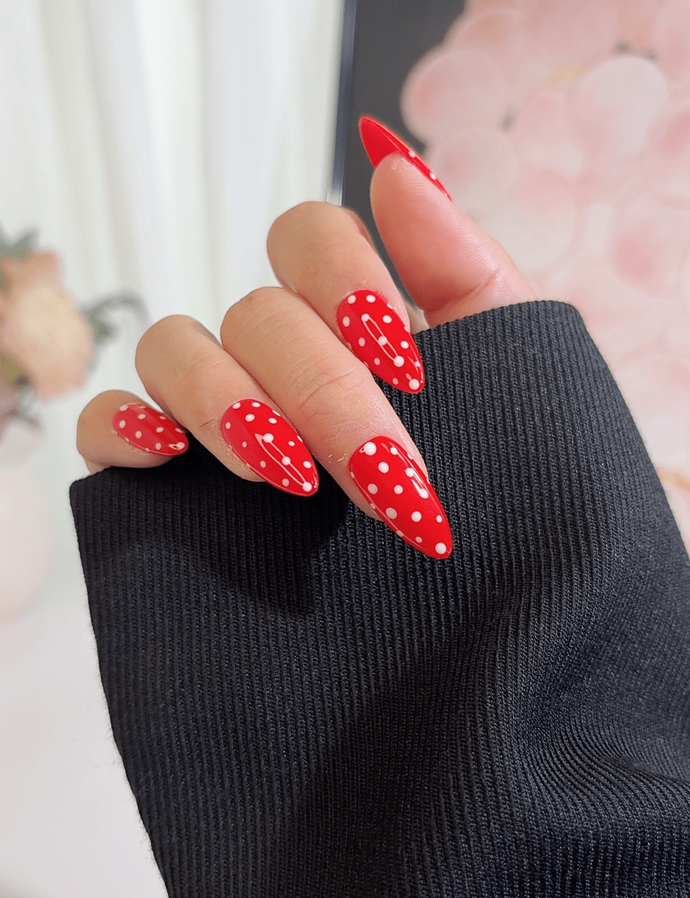 Red Polka Dot Press-On Nails | Medium Almond Reusable