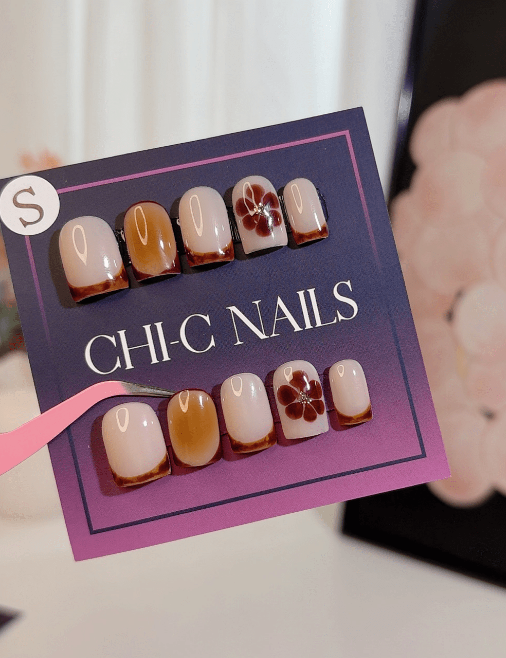 Amber French Press-On Nails with 3D Brown Flower – Middle Square Autumn Design