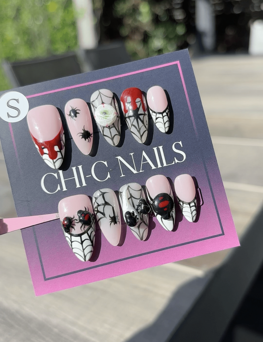 Halloween Spider Web Press-On Nails – Medium Almond with 3D Spiders & Blood Drip