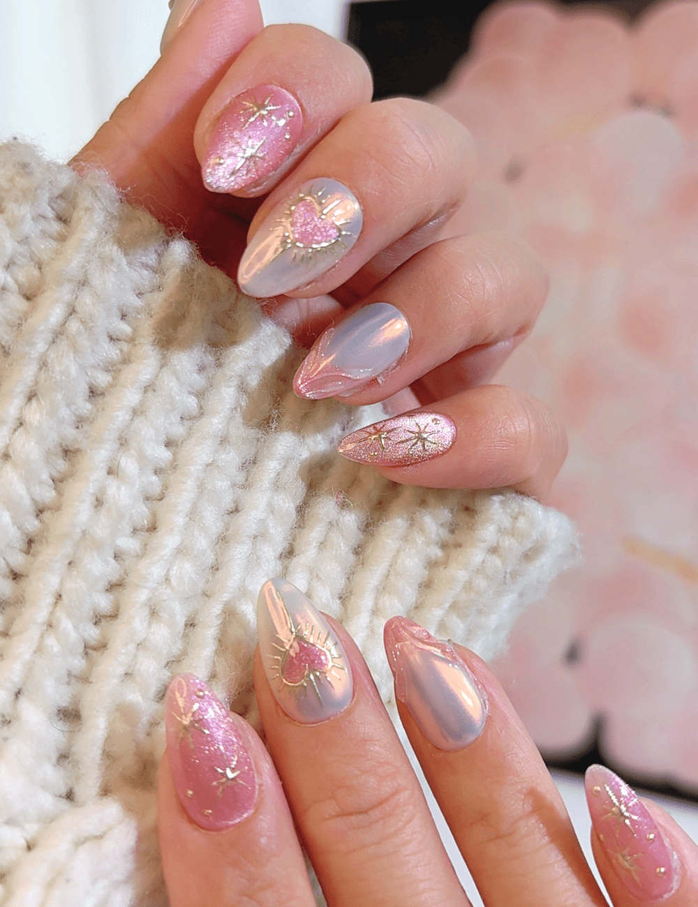 Pink Heart  Star Press-On Nails – Short Almond | Glitter & Iridescent Design