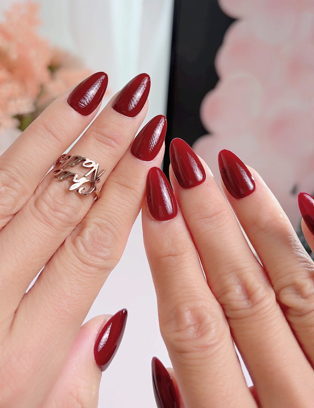 Burgundy Press On Nails with Glue, Short Almond, Solid Color Fake Nails, Handmade Glossy Nails