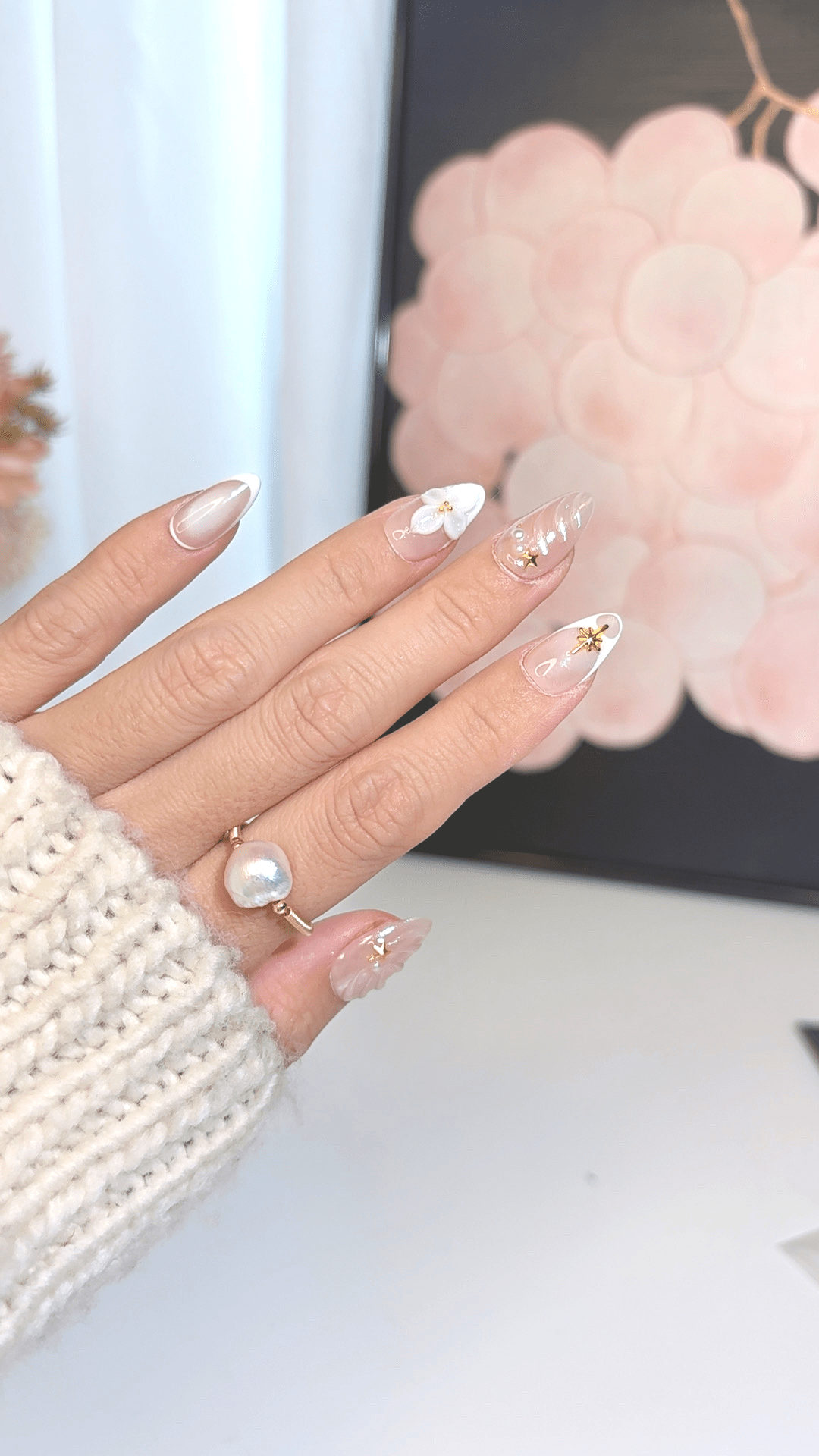 Starlight Shells – 3D Pearl White Press-On Nails | Short Almond Nail Set for Autumn