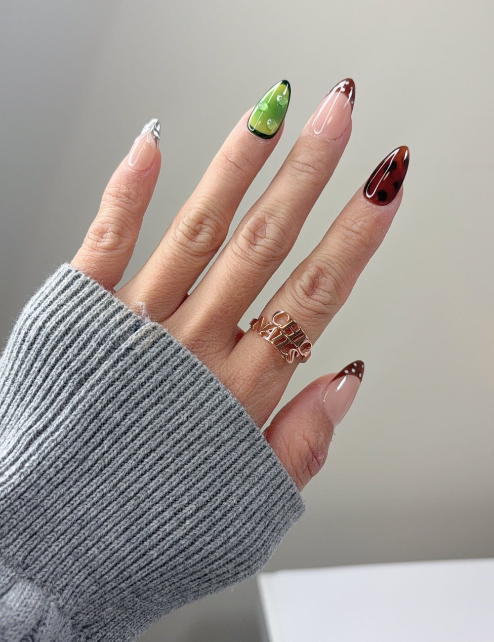Water Drop Press-On Nails - Vibrant Green & Orange Reusable Nails - Medium Almond