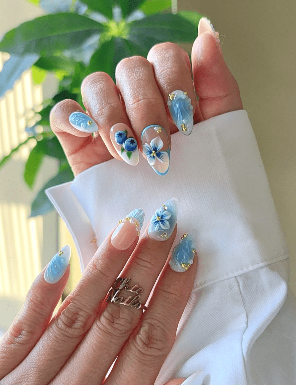 Blue Wave Blossom Press-On Nails – 3D Floral & Ocean-Inspired Design