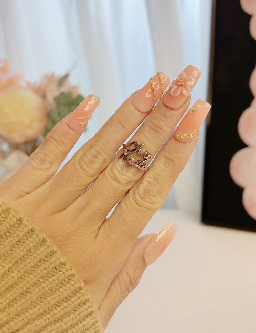 Handmade Peach Apron 3D Floral Long Square Press-On Nails