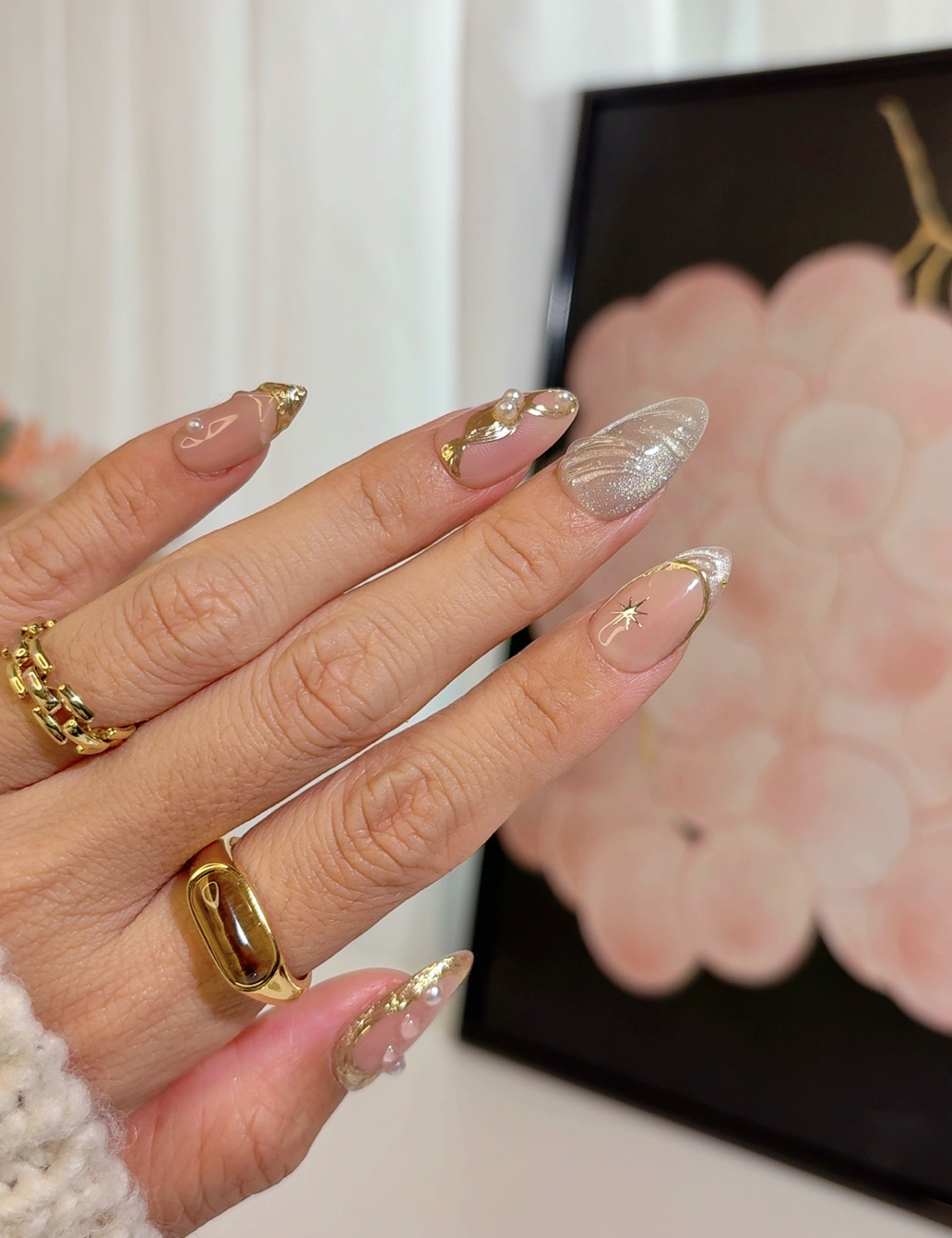 Gold French Pearl Press-On Nails – Medium Almond Luxe Swirl & Star Design
