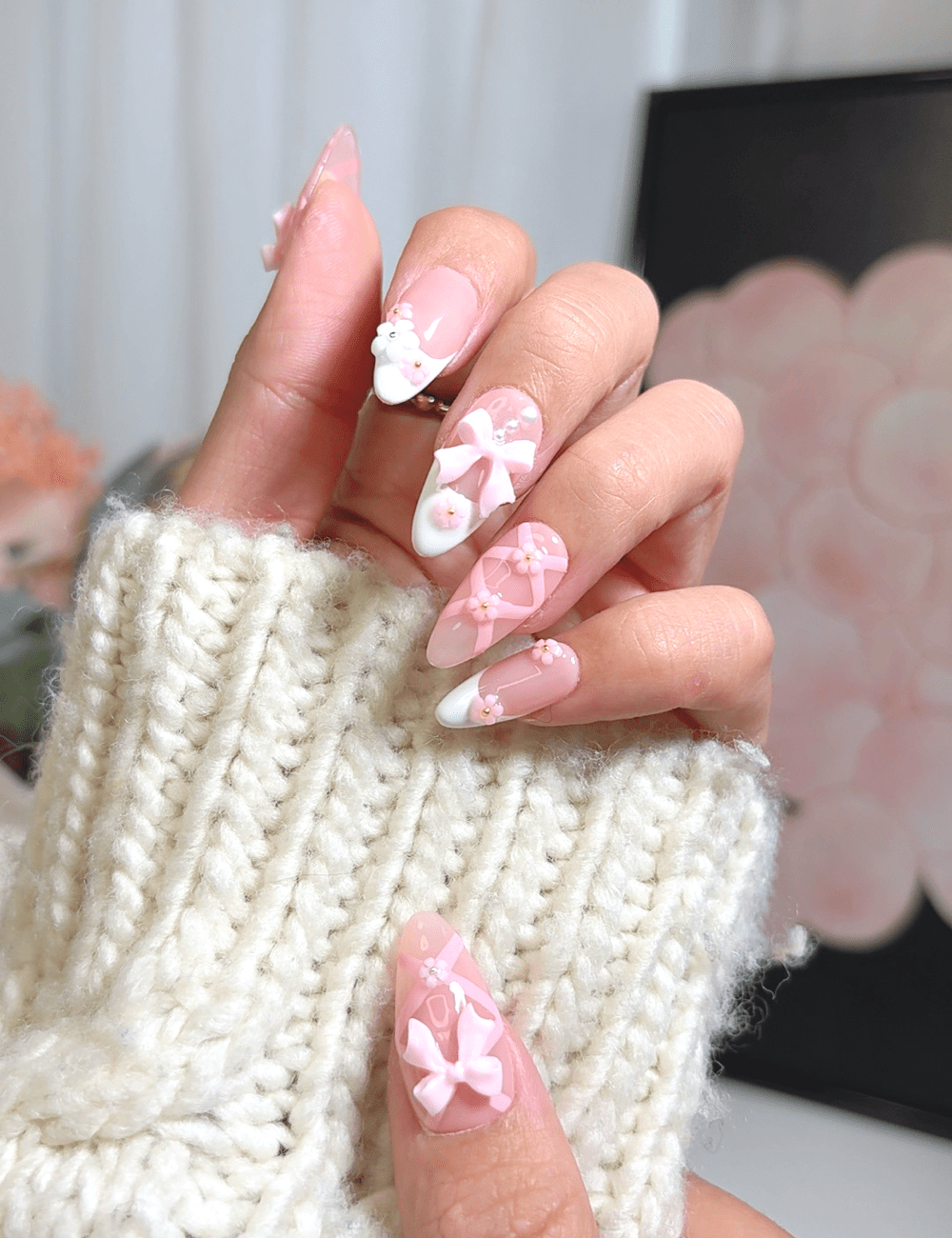 Pink Bows & Blossoms | Short Almond Press-On Nails