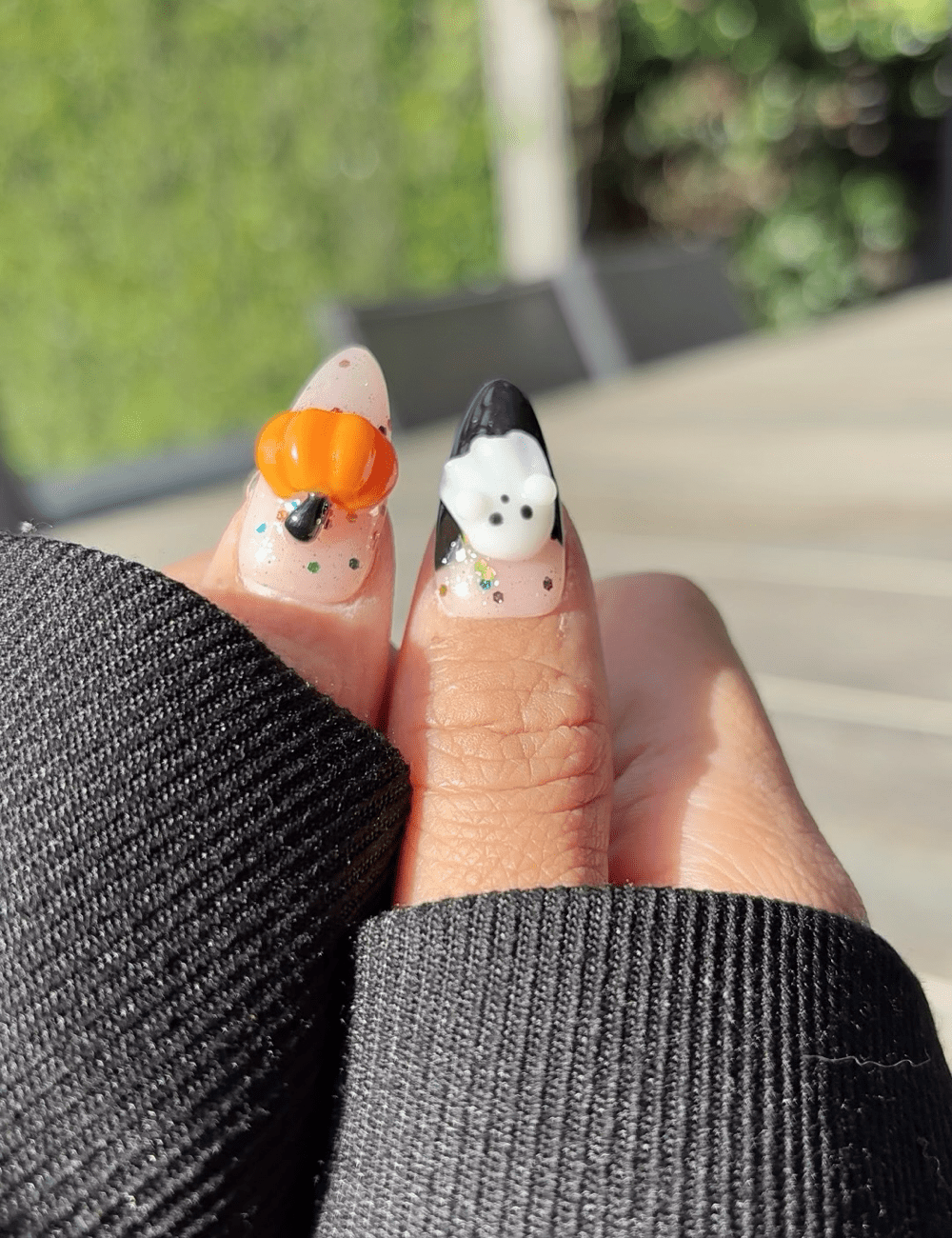 Pink & Black Halloween Press-On Nails – Medium Almond with 3D Ghost & Pumpkin Accents