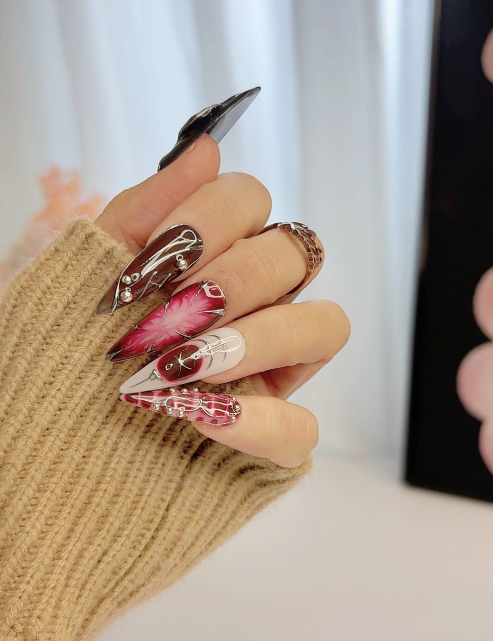 Handmade Dark Red Gothic Chrome Long Stiletto Press-On Nails