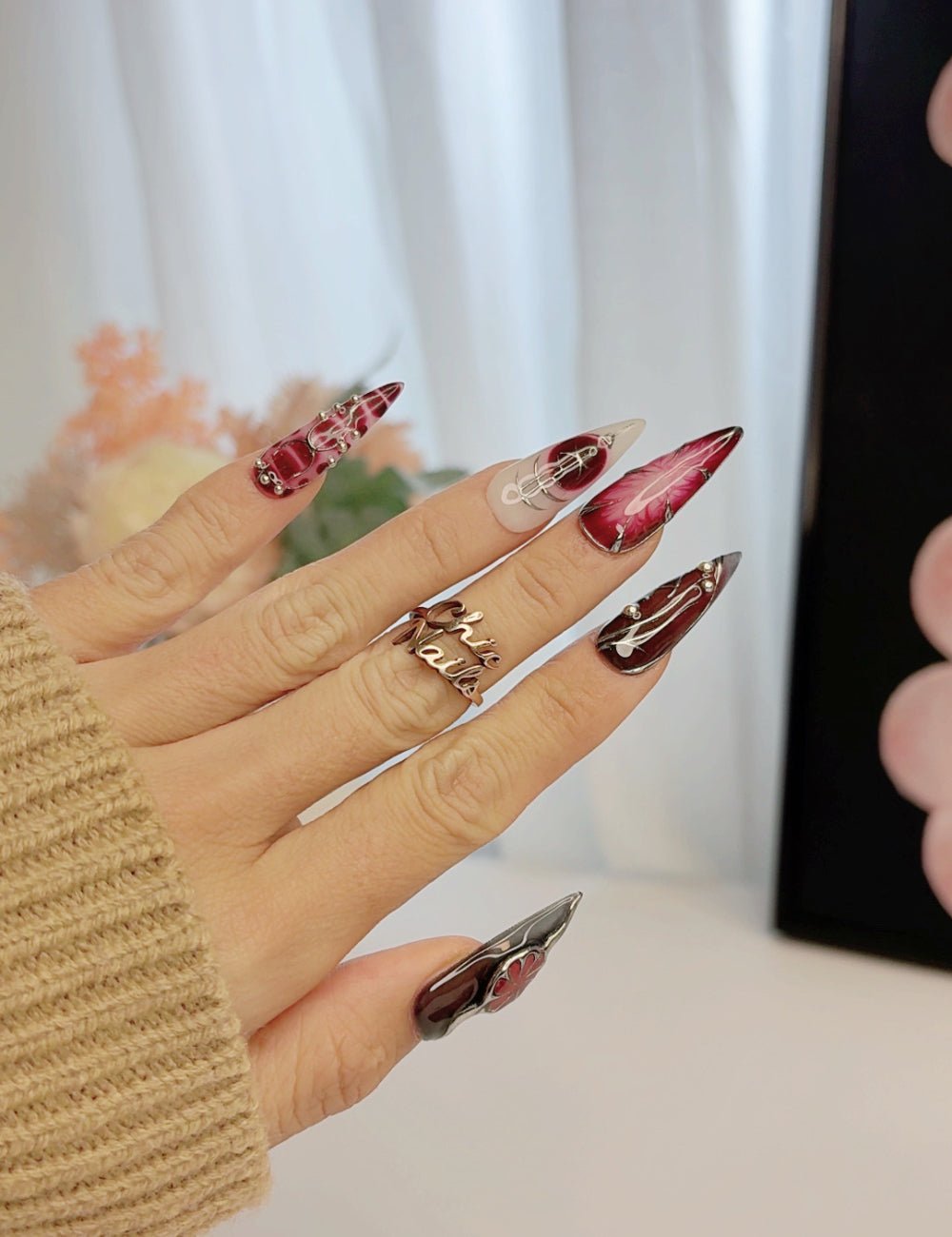 Handmade Dark Red Gothic Chrome Long Stiletto Press-On Nails