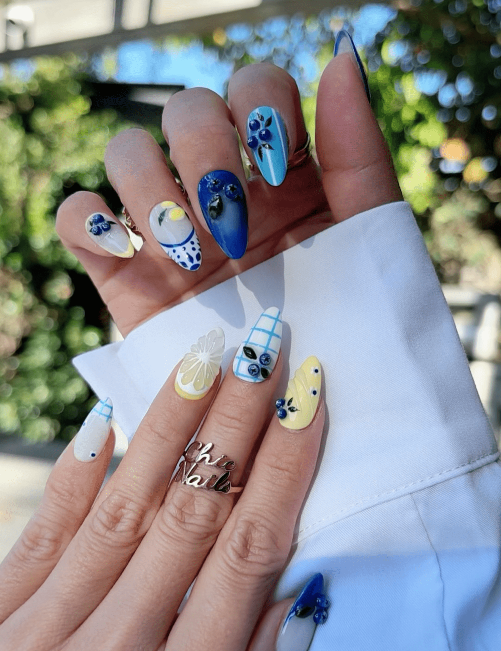 Blueberry Lemon Press-On Nails Set – 3D Fruit & Plaid Summer Design