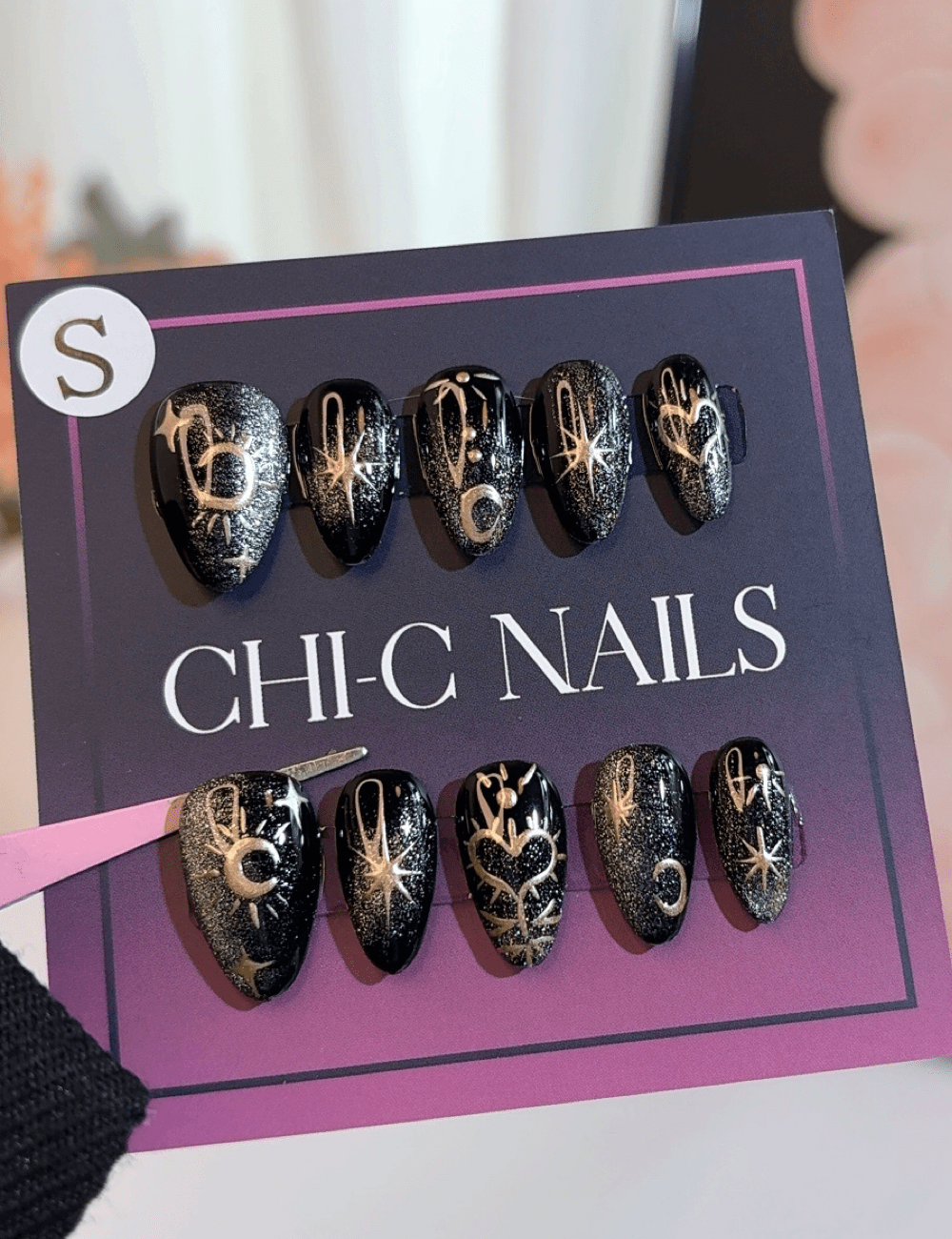 Celestial Star   Moon Press-On Nails – Short Almond | Black  Gold Cosmic Design
