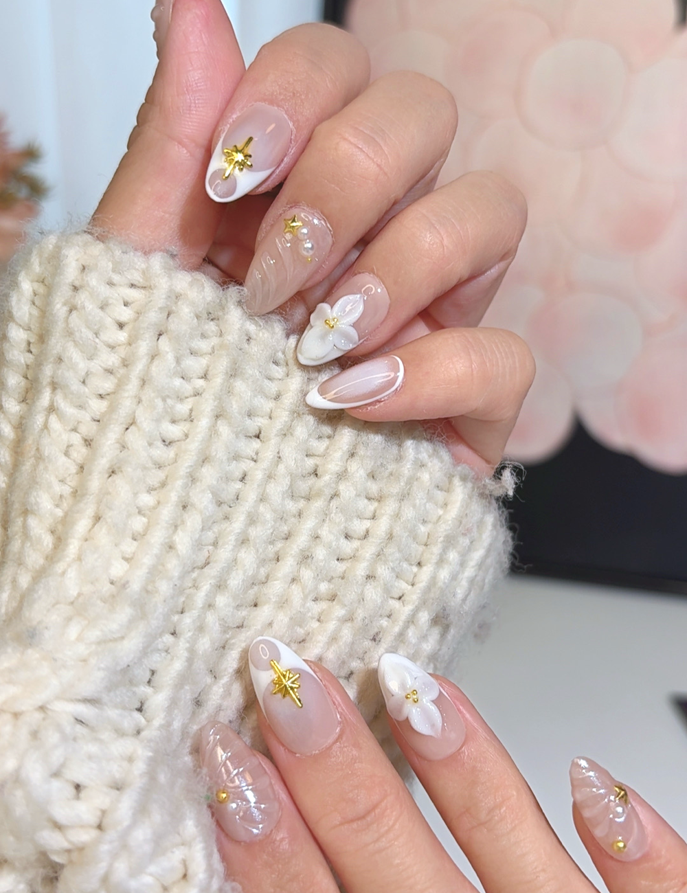 Starlight Shells – 3D Pearl White Press-On Nails | Short Almond Nail Set for Autumn