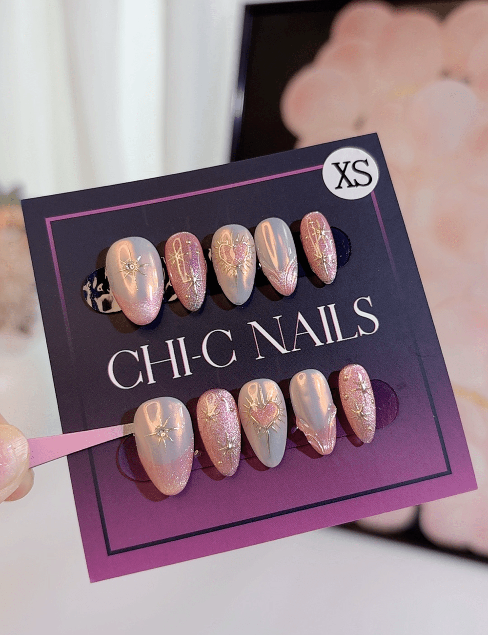 Pink Heart  Star Press-On Nails – Short Almond | Glitter & Iridescent Design
