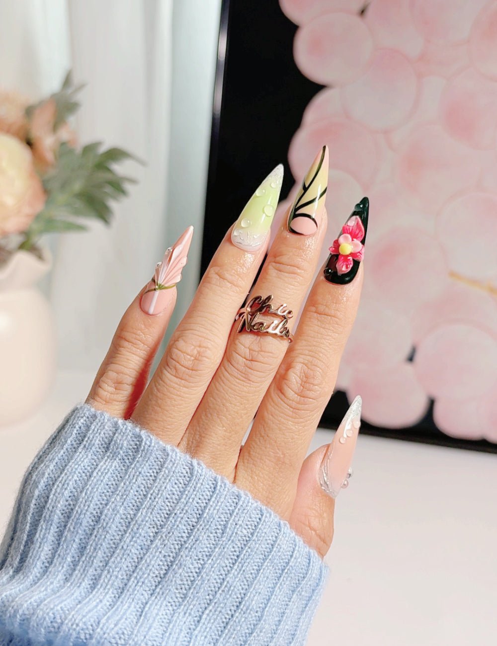 Stiletto Floral Press-On Nails – 3D Flower Green Gradient Abstract Nails